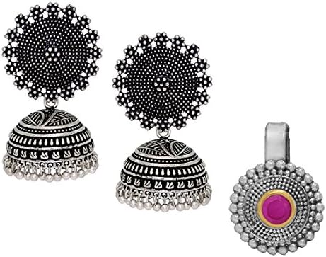 Fashion Honor Oxidised Silver Plated Earrings &amp; Pink Nose Pin Combo Set Jewellery Gift For Her, Girl, Women, Mother, Sister, Girlfriend, Party Wear, Daily Wear