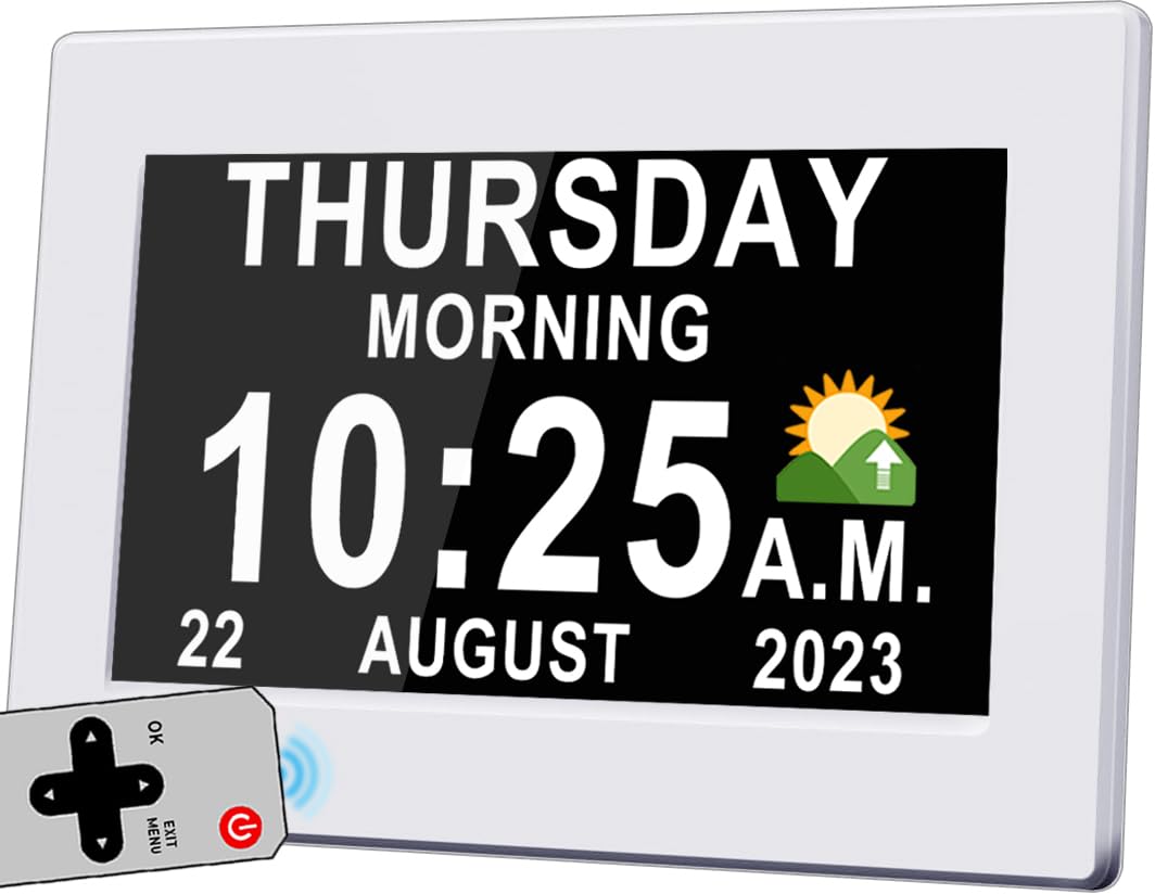 Upgraded Dementia Clock 2.0 with Auto DST, 20 Custom Alarms Reminders, Sleep Trainer, 10 Levels Auto Dimmer, Day Date Wall Calendar Clock, Large Clear Digits, 7" with Remote & HD Digital Picture Frame