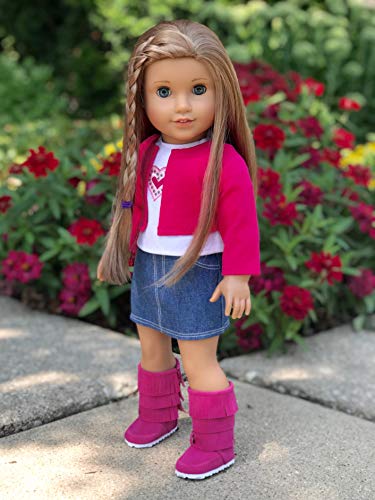 Fuchsia Heart - 4 piece outfit - fuchsia jacket, t-shirt, denim skirt and boots - 18 inch Doll Clothes (doll not included)
