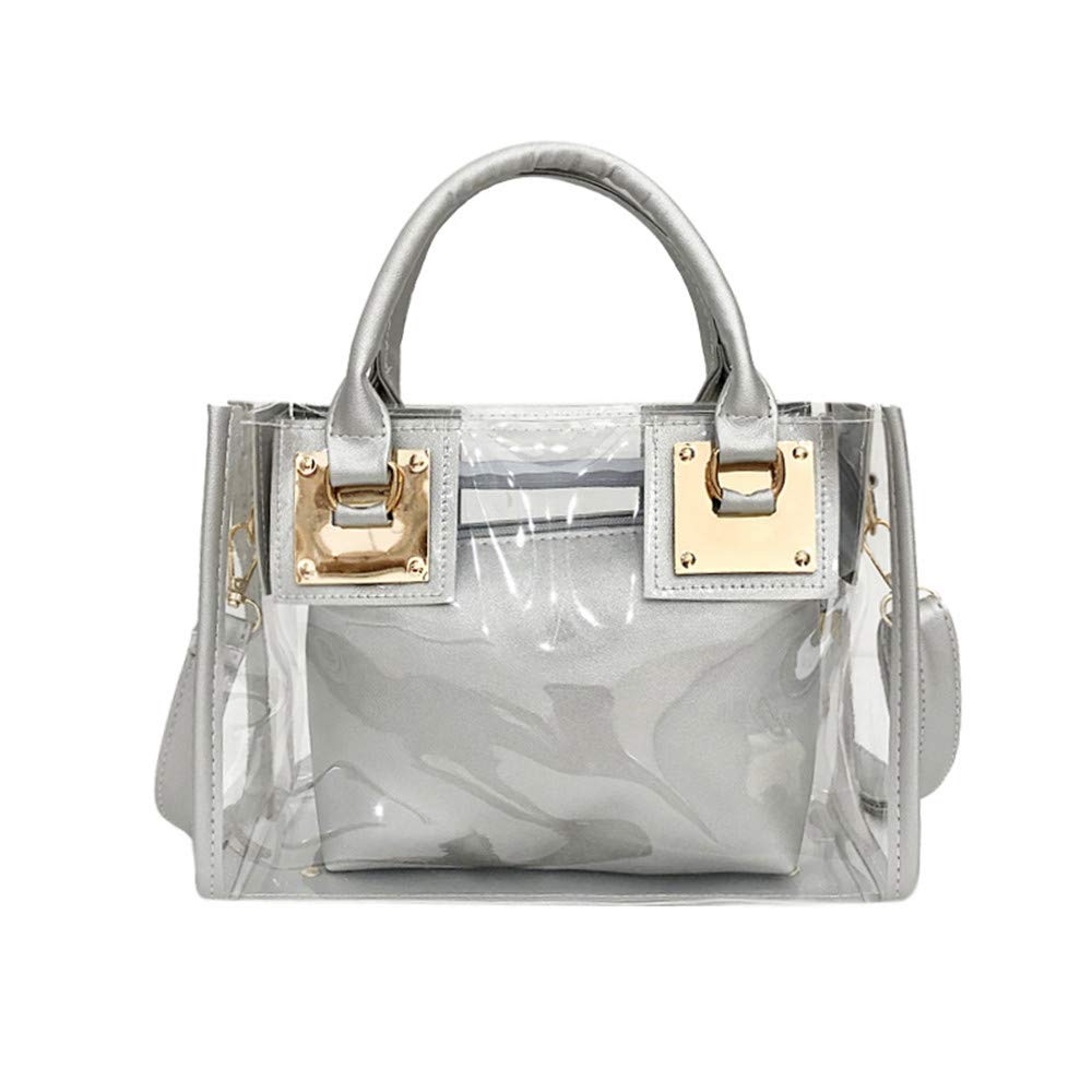 AlwaySky Women Fashion Transparent Bag 2 in 1 Handbag Top Handle Tote Shoulder Crossbody Bag Silver