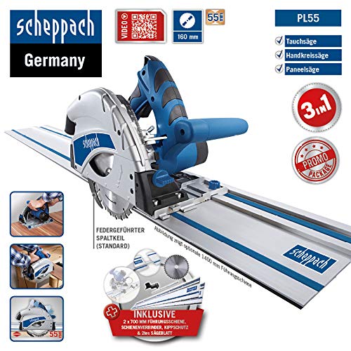Scheppach Set Tauchsäge PL55 inkl. Führungsschiene & 2. HW Sägeblatt | Tauchkreissäge Handkreissäge | 140 cm… – Bild 3