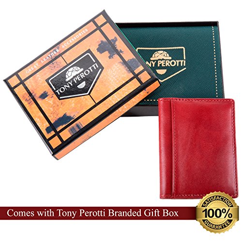 Tony Perotti Mens Italian Bull Leather Thin Bifold Credit Card Holder Wallet in Red