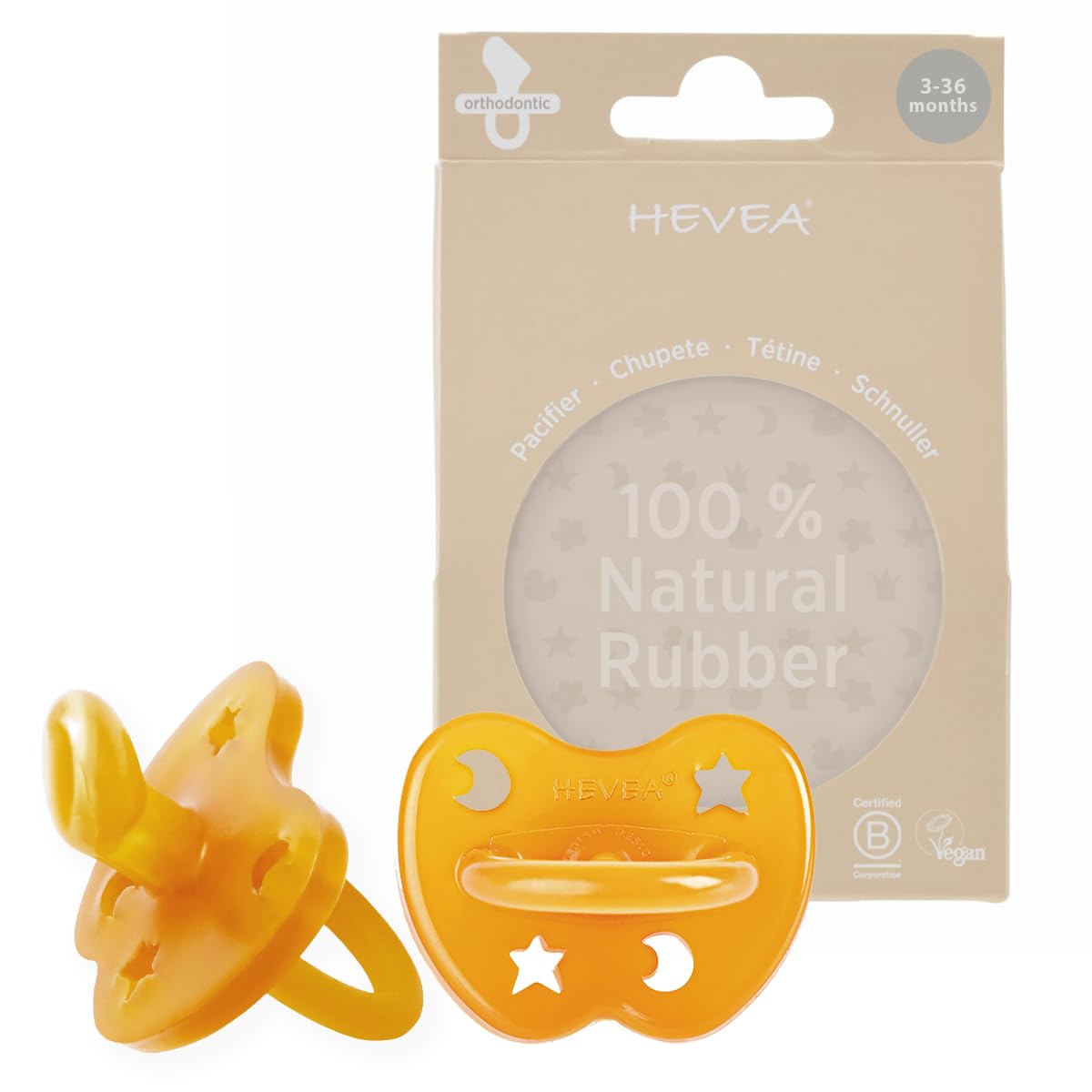 HEVEA Natural Rubber Dummy Pacifier Orthodontic 3-36 Months – Hygienic One Piece Design for Newborns to Toddlers, BPA-Free, Soft & Durable – 2-Pack (Natural)