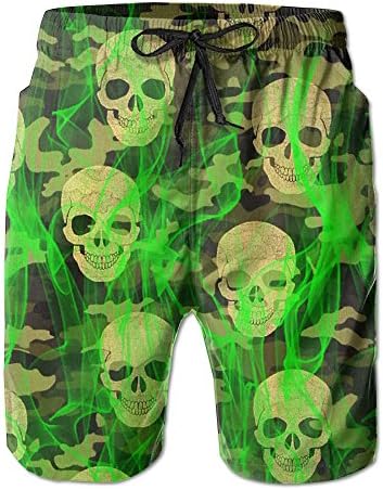 Camo Skulls Metallic Camo With Fluorescent Green Fire Men's Tropical Quick Dry Board Shorts Bathing Suits Swimwear Volley Beach Trunks