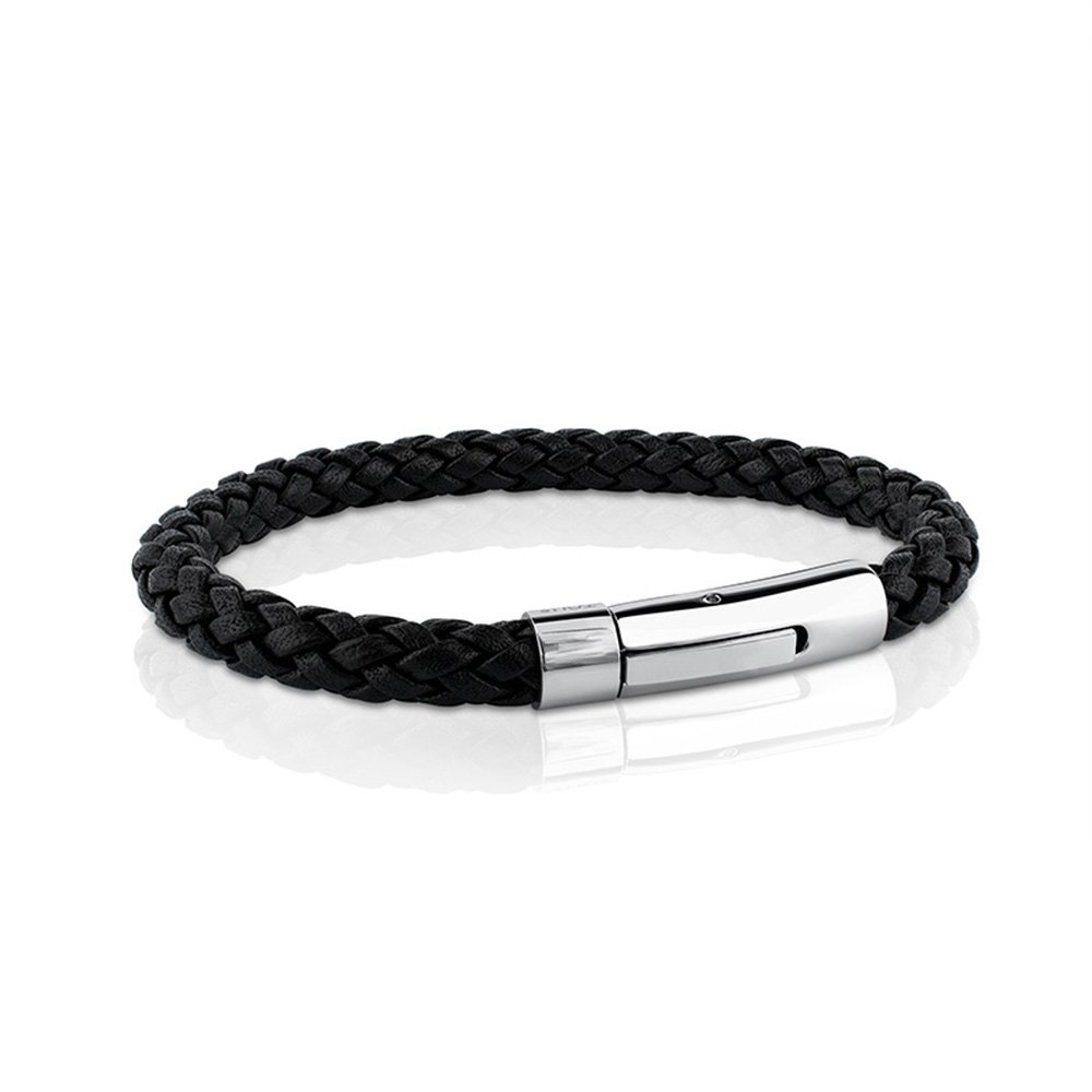 MERIT OCEAN Black Genuine Leather Bracelet Rope for Men Wrist Band Stainless Steel Automatic Button Clasp (8.6)