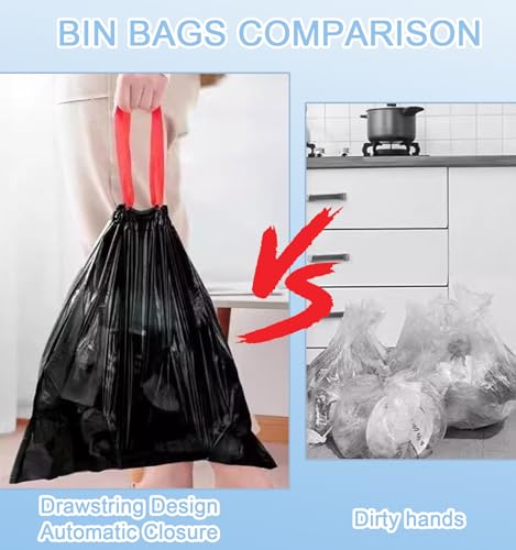 XIYOO Heavy-Duty Black Bin Bags 50L Bin Liners with Drawstring Handles 40 Count Swing Rubbish Bags Kitchen Trash Bags Waste Sacks fit 45-60L
