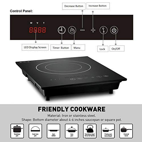 Baulia SB816 Induction Cooker Single Touch - 1800-Watt Countertop Burner for Fast Cooking, Precise Digital Temperature Control + 4 Hour Timer, 1800 Watt, Black