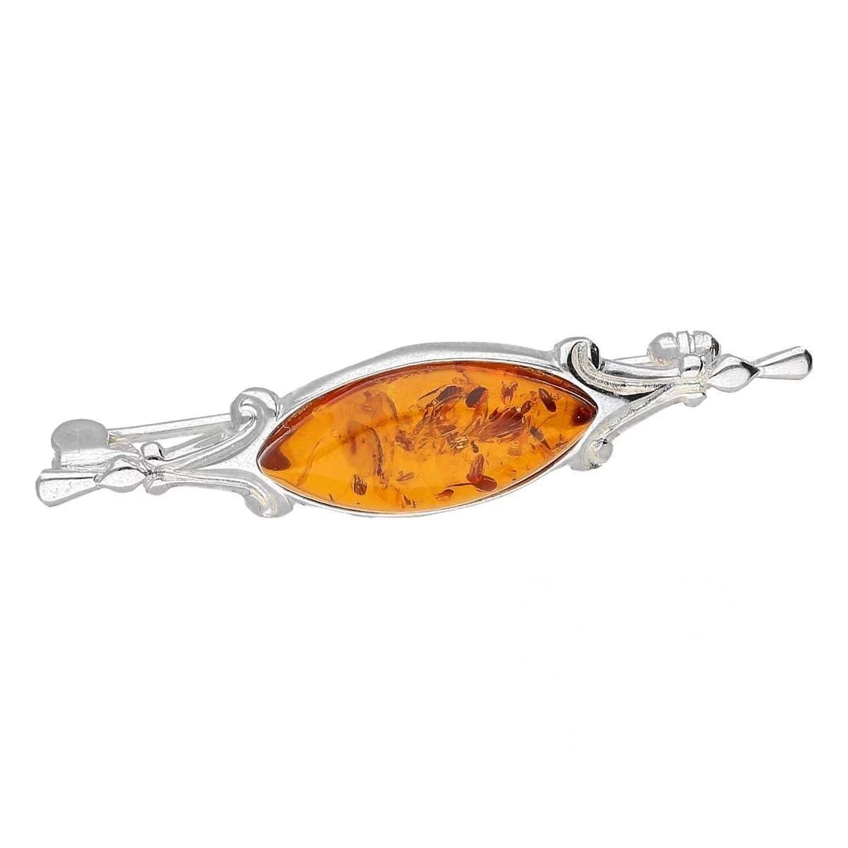 Elegant Fancy Silver Brooch Pin/Clip in Marquise Cognac Orange Amber in Vintage Style for Women Ladies - 925 Sterling Silver - Amber Jewellery for Women