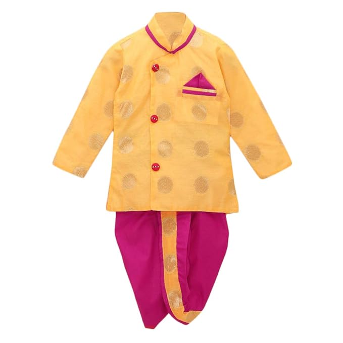 BownBee by Hopscotch Baby Boys Chandaria Brocade Brocade Sherwani Style Dhoti Kurta in Yellow Color