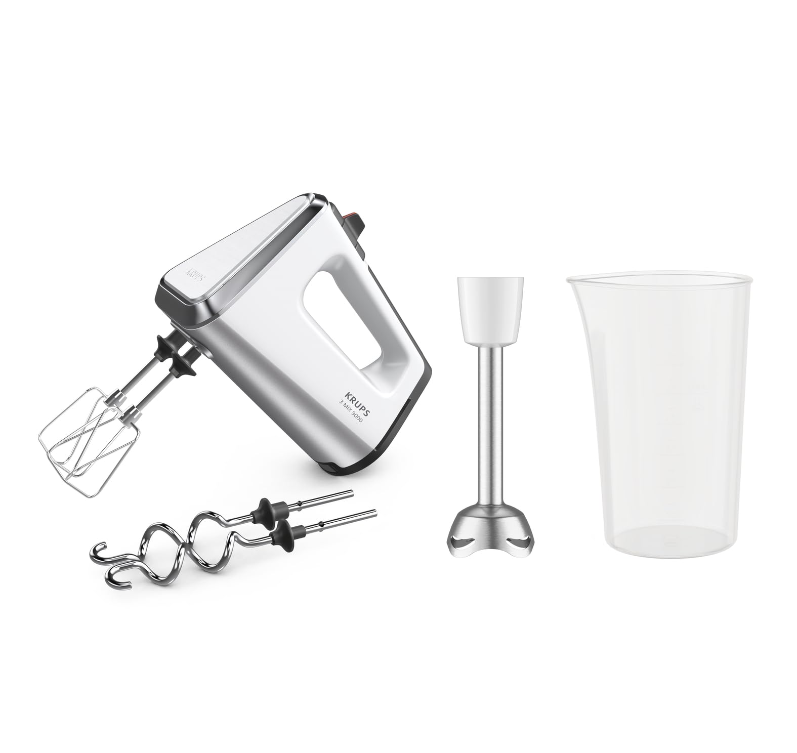 Krups 3 Mix 9000 Handmixer, 750 Watt, Geschwindigkeitsregler, Turbomodus, ergonomischer Griff, Handrührgerät inkl. Schneebesen, Knethaken, Pürierstab-Aufsatz, Messbecher, weiß/silber, GN9121