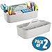 mDesign Large Plastic Divided Office Storage Organizer Caddy Tote with Handle for Cabinet, Desk, Workspace - Holds Desktop Supplies, Pens, Pencils, Staplers - Lumiere Collection - 2 Pack - Light Gray