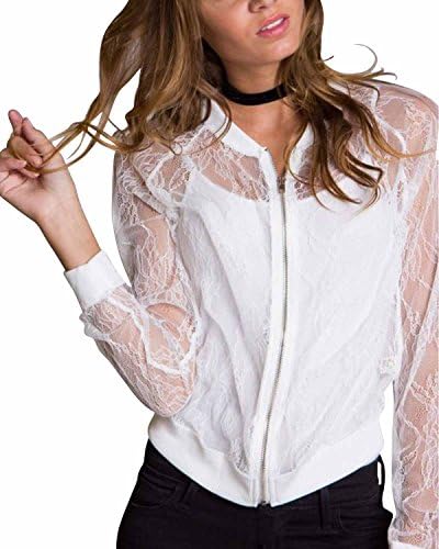 LAMEZI LANISEN Women's Sexy Long Sleeve Floral Lace See Through Bomber Jacket Short Coat White M