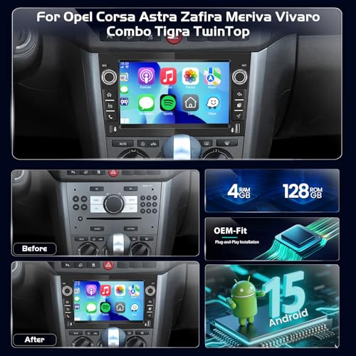 4+128GB Android Car Radio for Opel Corsa Astra Zafira Vivaro CarPlay Android Auto Wireless Touch Screen IPS GPS WiFi USB Bluetooth Plug & Play Radio + Rear View Camera