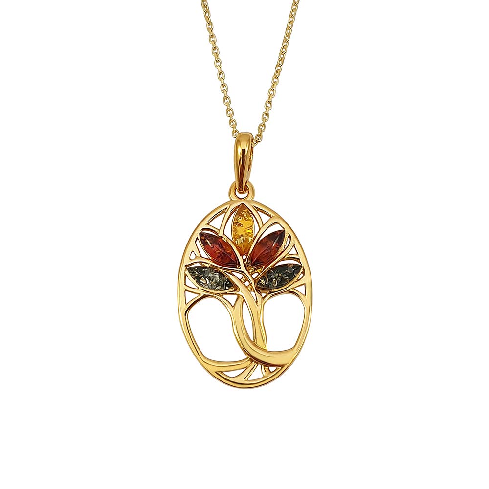 Kiara Jewellery Mixed Amber Gold Plated 925 Sterling Silver Oval Intertwined Tree Of Life Pendant Necklace on 18" Italian diamond Cut Curb Or Trace Chain.