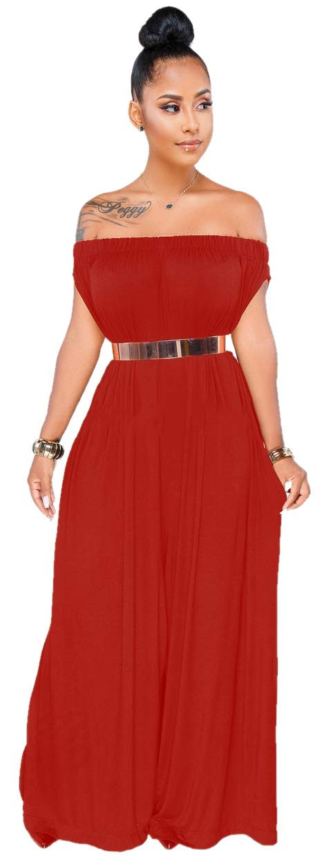 Women Casual Loose Off Shoulder Wide Leg Pants Long Rompers with Pocket Red L