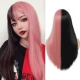Dai Cloud Half Black Half Pink Wigs with Bangs for Women Long Straight Halloween Party of Women Wig Synthetic Anime Cosplay Hair Wigs