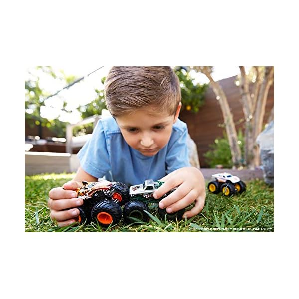 Hot Wheels Monster Trucks, abgefahrene Die-Cast-Fahrzeugen im Maßstab 1:64, mit riesigen Rädern und Bonus-Accessoire, Sammelspaß für ultimative Crashs, Design kann variieren, FYJ44 – Bild 3