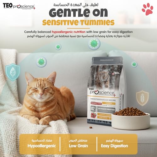 Teo Premium Proscience Mediterranean Recipe Adult Cat Food Chicken + Shrimp + Anchovy Oil 1.5KGX6 Packs Total 9KG Low-Grain Hypoallergenic Formula 82% Animal Protein, Hairball Care for Adult Cats
