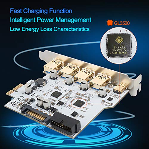 QNINE 5 Ports PCIe USB 3.0 Card 20 pin, 4 x USB A + 1 x USB C, USB 3.0 PCIe Expansion Card Include a USB 3.0 Front Panel Expansion Bay and 2 Power Cables