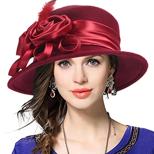 Women's Wool Church Dress Cloche Hat Plumy Felt Bucket Winter Hat (Floral-Claret)