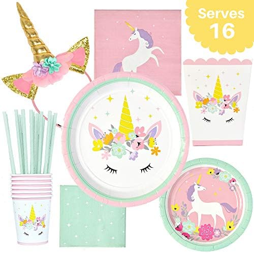 Unicorn Birthday Party Supplies Set - Unicorn Plates, Cups, Napkins, Straws, Unicorn Party Favor Popcorn Boxes - Serves 16 - Bonus Unicorn Horn Headband - for Girls Magical Unicorn Birthday Party โ Baby Shower - 113 Piece Party Supplies Pack โ By Little Pigeon