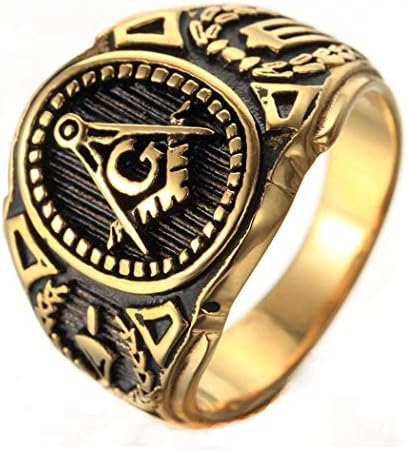Wibbosad Mens Retro Vintage Freemason Masonic Symbol Gothic Punk Gold Black Stainless Steel Rings