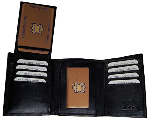 Improving Lifestyles Mens Leather Wallet Trifold Black Flipup Window ID FREE Organza Gift Bag SUN1222BK
