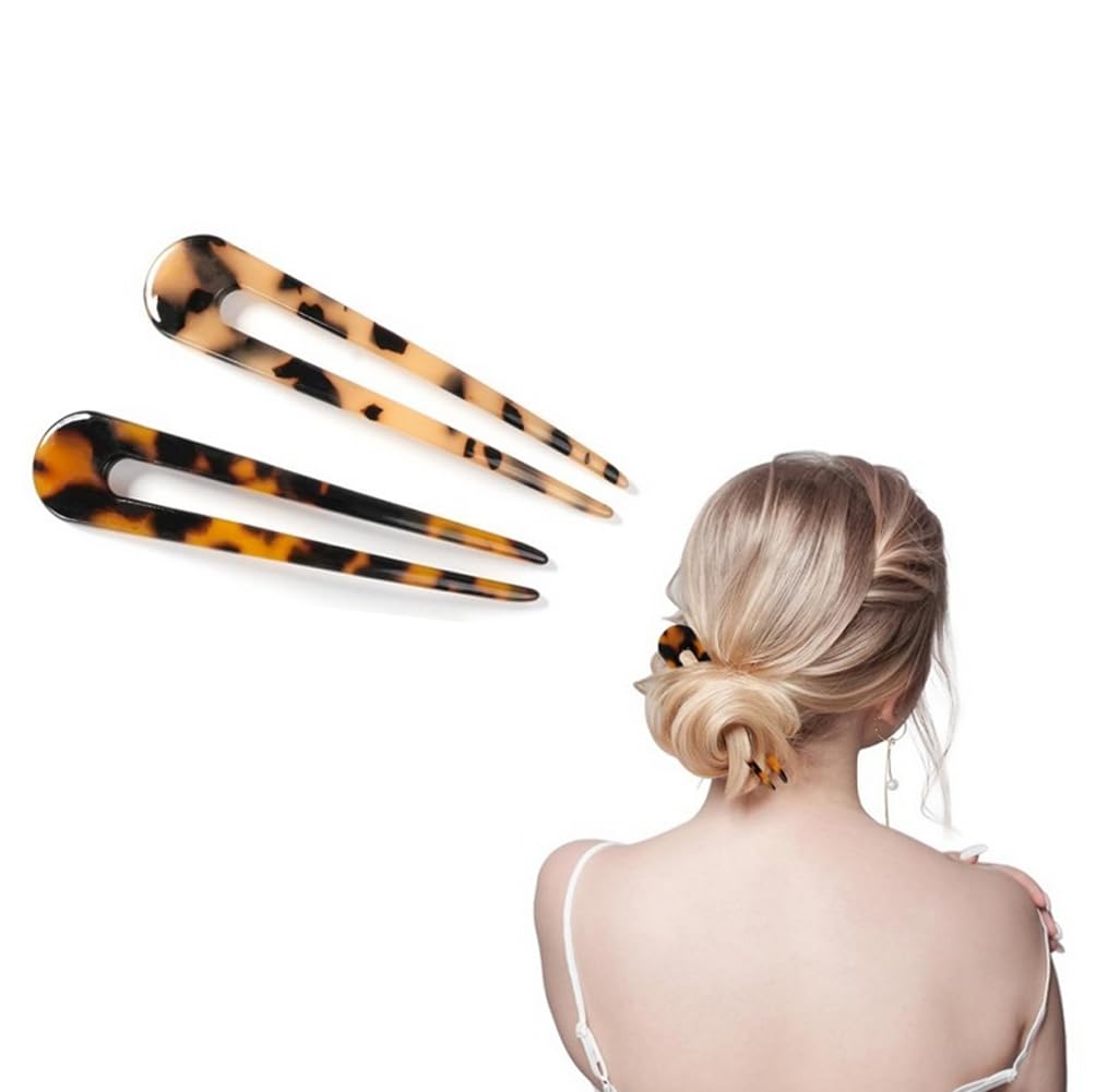 2 Pcs French Hair Forks U Shaped Hairpin Tortoise Shell Hair Pin French Style 2 Prong Bun Hair Sticks Hair Clips Updo for Women Girls Hair Styling Accessories
