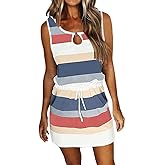 Womens Summer Causal Loose Sleeveless Crew Neck Drawstring Waist Mini Short Dress with Pockets