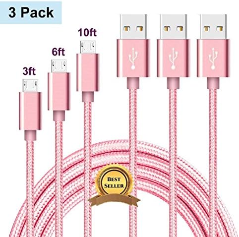 Micro USB Cable Android Charger 3Pack 3FT 6FT 10FT Micro USB Charging Cable Samsung Charger Cord Fast Charger Nylon Braided High Speed for Samsung Note 3/4/5 Galaxy S7/S6/S5/S4 LG Song more (Pink)