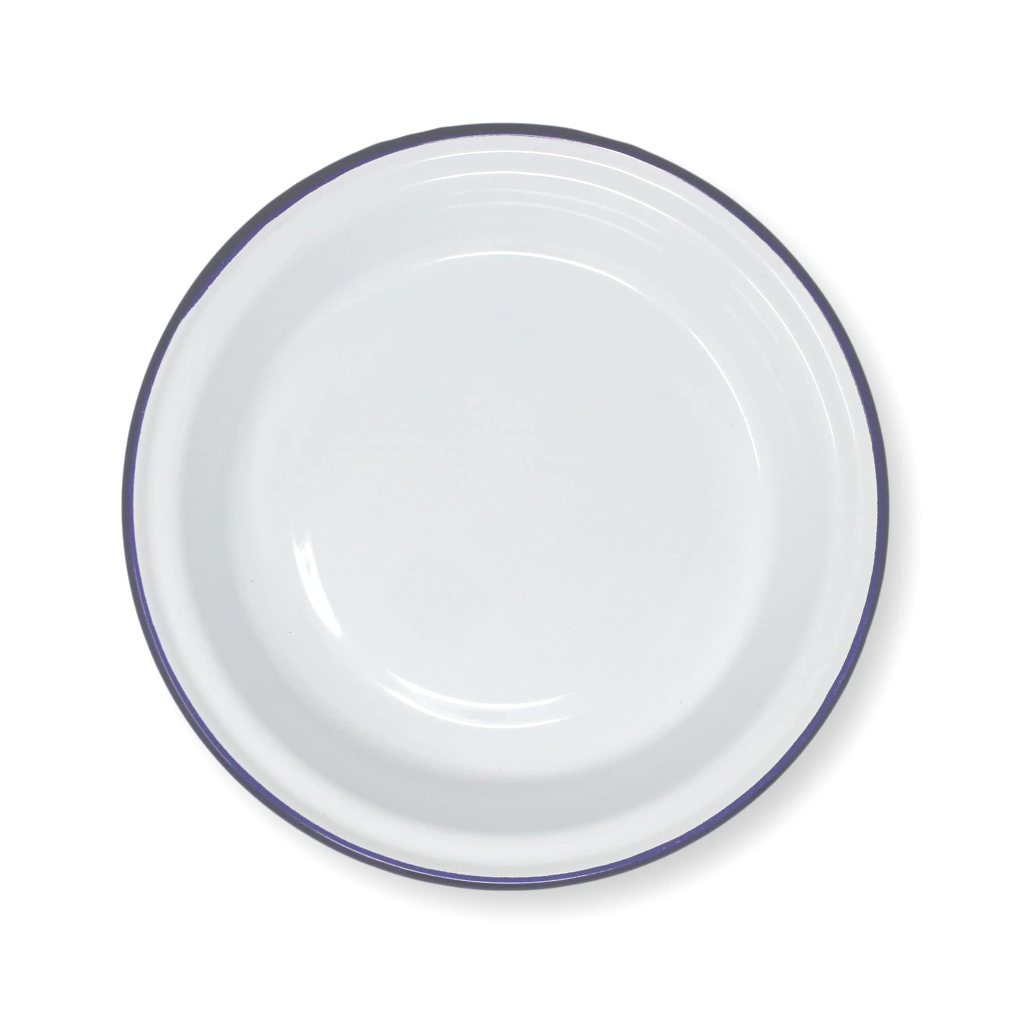 White 20cm Diameter Round Enamel Pie Dish with Navy Blue Edging | Tableware | Metal Outdoor Camping Roasting Oven Dishes | Traditional Classic Style | Perfect for picnics or Camping