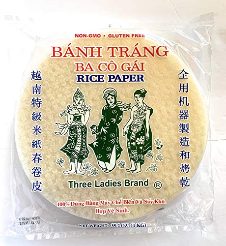 Three Ladies Bahn Trang Spring Roll Rice Paper Wrappers Non-GMO Gluten Free (Round 25cm, 35.2oz / 1kg) 1 Pack with 75 sheets