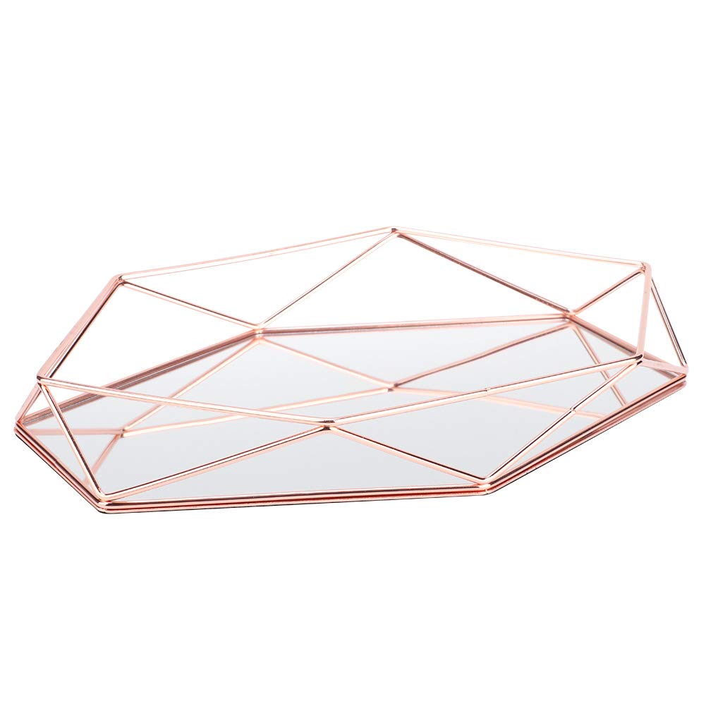 Emoshayoga Jewellery Storage Tray ,Metal Decorative Tray Table Decorative Tray Gold Mirror Tray Soft and Delicate Makeup Tray Organiser Tray for Jewellery Display (Rose Gold)