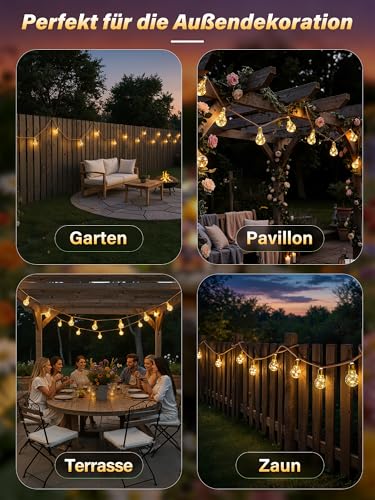Ollny Solar String Lights Outdoor, 24 Bulbs 12M Weatherproof String Lights, 8 Modes, Timer, Dimmable, USB for Garden Balcony Patio Wedding Party Vintage