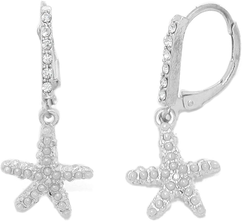 Silver Tone Sparkling Starfish Dangle Earrings Imitation Pearls