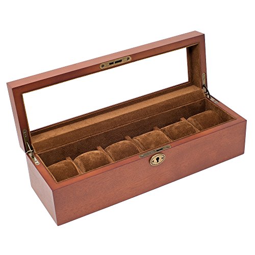 Caddy Bay Collection Vintage Wood Glass Top Watch Box Case Holds 6 Large Watches - Adjustable Soft Pillows - High Clearance