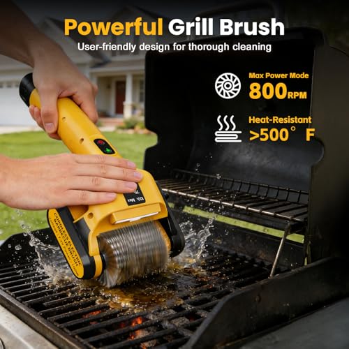 Qimedo Electric Grill Brush for BBQ – Powerful Barbecue Cleaning Brush with 2 Rechargeable Batteries & 2 Replaceable Stainless Steel Heads for Grill Grates, Flat Tops & Plancha