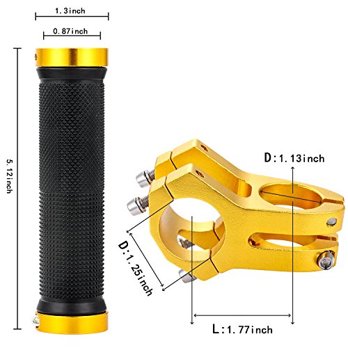 PGMJ Aluminum Alloy 31.8 Stem 45mm Bike Stem Mountain Bike Stem Short BMX Parts Road Bike, Bicycle, BMX, MTB, Fixie Gear, Cycling Short Handlebar Stem and 1 Pair Bike Handle Bar Grips (Gold)