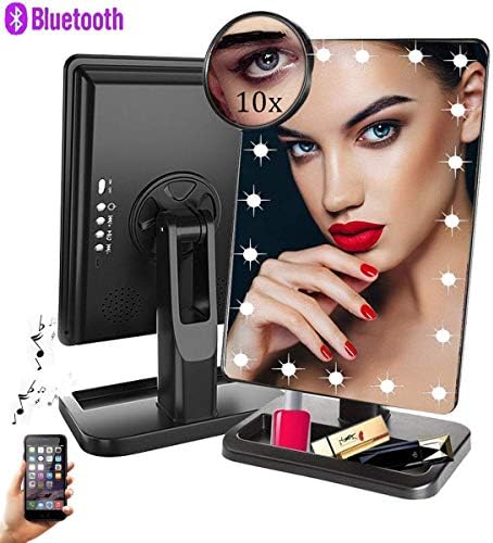 Touch Dimmable Makeup Mirror with Bluetooth,Removable 10x Magnification,Rechargeable Vanity Mirror with 20 Energy-Saving LED Lights,180 Rotation,Lighted Up Cosmetic Mirror for Home Tabletop Travel