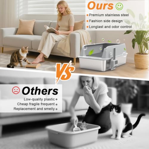 Vivifying Stainless Steel Cat Litter Tray, XL Stainless Steel Cat Litter Box Easy to Clean and Odour-Resistant with Scoop for Cats up to 8.2kg (Light Grey)