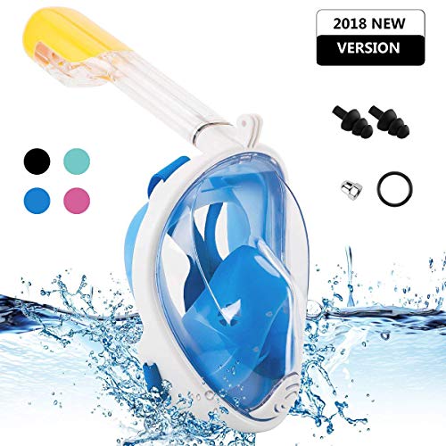 YUDER Full Face Snorkel Mask with 180&deg; Scuba Mask Snorkeling Mask Breathing & Anti-Fog Anti-Leak Panoramic View Snorkel Set for Adults or Kids,Detachable Camera Mount Pivot Arm and Earplug(Blue,L/XL)