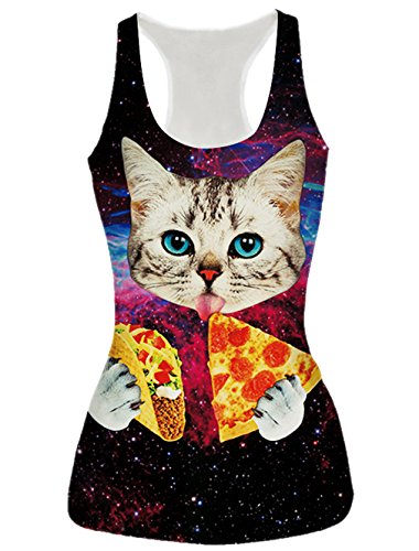 Raisevern Women Galaxy Pizza Cat Printed Casual Sleeveless T Shirt