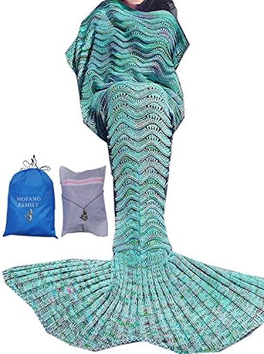 MOFANG FAMILY Soft Mermaid Tail Blanket Sofa Quilts Sleeping Bag for kids Adult 71"x36" Wave Mint with Carry Pouch and Washing Bag