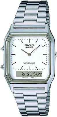 Montre Quartz Unisexe 34.00mm avec Cadran Blanc analogique/numérique et Bracelet en Bracelet en Acier Argent AQ-230A-7DMQYES