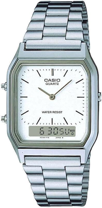 Montre Quartz Unisexe 34.00mm avec Cadran Blanc analogique/numérique et Bracelet en Bracelet en Acier Argent AQ-230A-7DMQYES