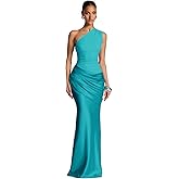 UZN One Shoulder Satin Prom Dresses for Women Long Formal Bridesmaid Dress Maxi Ruched Bodycon Party Gown