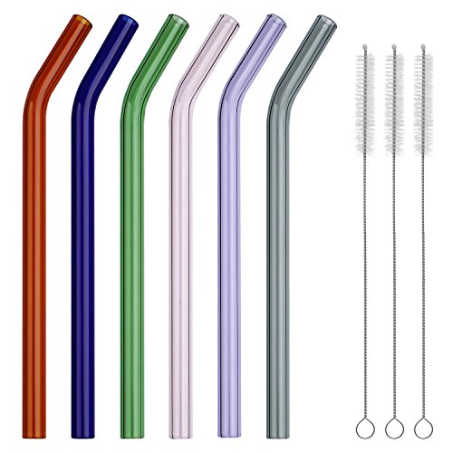 GINOVO 200mm * 10mm Reusable Bent Glass Drinking Straws, Set of 6 with 3 Cleaning Brushes, Multi Color - Green , Orange , Purple , Pink , Grey , Blue