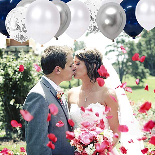 12 inch Navy Blue and Silver Confetti Balloons, White Pearl and Silver Metallic Party Balloons for Wedding or Birthday Decorations(60 pcs)