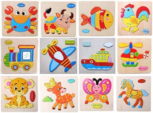 FI - FLICK IN Flick in Wooden Jigsaw Animals Vehicle 3D Puzzle Children's Educational Set (Pack of 12, Random Design)
