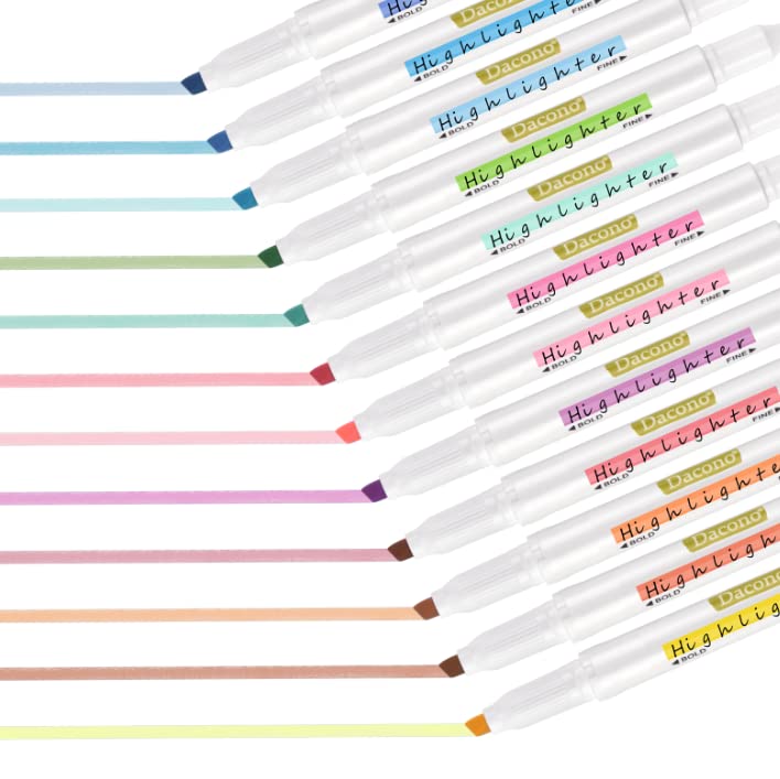 Dacono Highlighter Double Ended, 12PC Pastel Colors Dual Tips Marker Pen, No Bleed Dry Fast, Chisel and Fine Tips Highlighters for Journal Bible Planner Adults Kids Students Office School